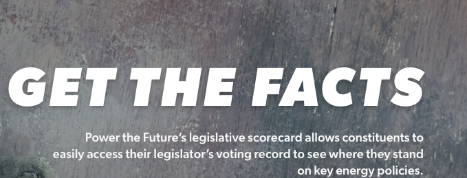 Bold 'GET THE FACTS' headline on a textured background; subtitle explains a scorecard of legislators' voting records on energy policies for constituents.