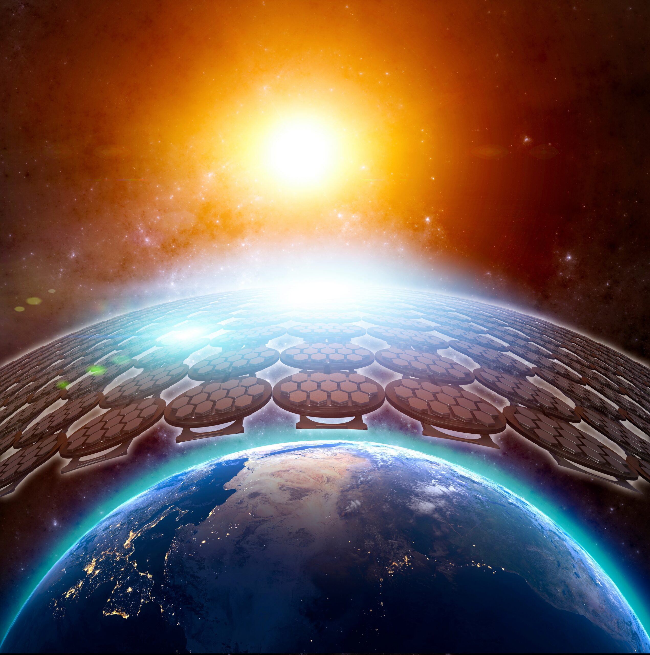 Earth seen from space with a bright Sun and a vast field of floating hexagonal solar collectors hovering above the planet's curved horizon.